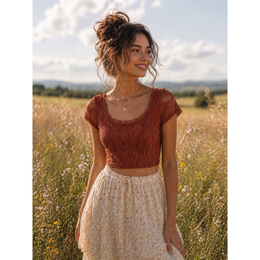 Lace Crop Top XS Boho Prairie Cottagecore Western Self Esteem EUC Rust Color